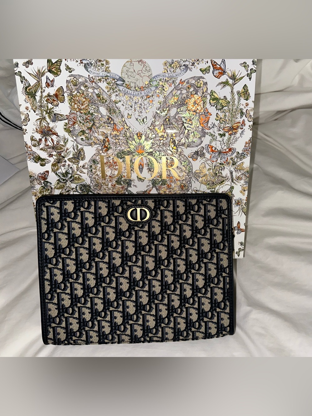 Dior Montaigne Canvas Pouch in Navy and Beige with Gold CD Logo